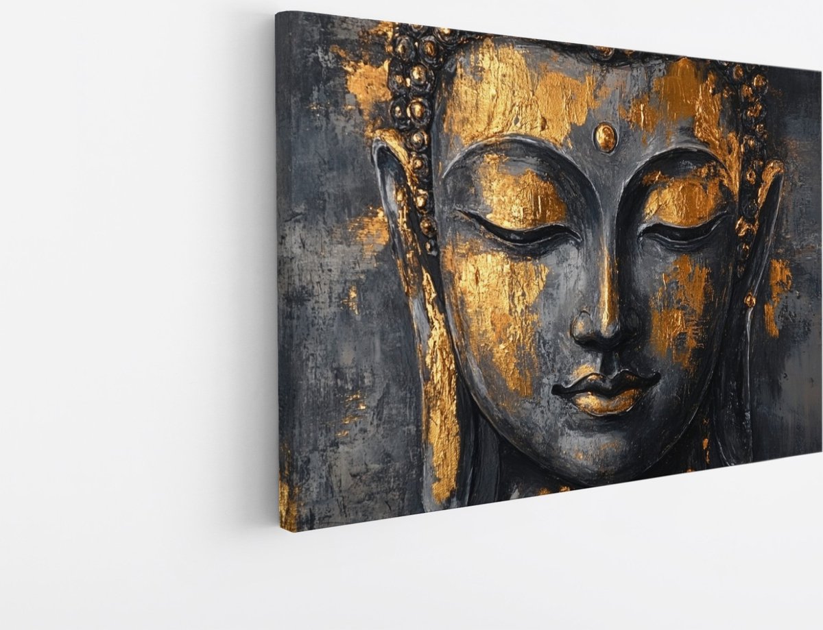 Saammp Canvas Schilderij - Boeddha - Zwart - Goud - Abstract - 45x30 - Foto op canvas - Wanddecoratie - Muurdecoratie Woonkamer - Canvas schilderijen Multicolor