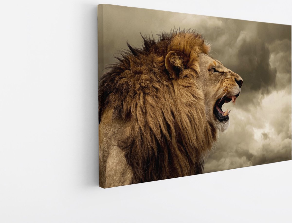 Saammp Canvas Schilderij - Grommende Leeuw - Dieren - Natuur - 100x75 - Foto op canvas - Wanddecoratie - Muurdecoratie Woonkamer - Slaapkamer decoratie - Canvas Print Multicolor