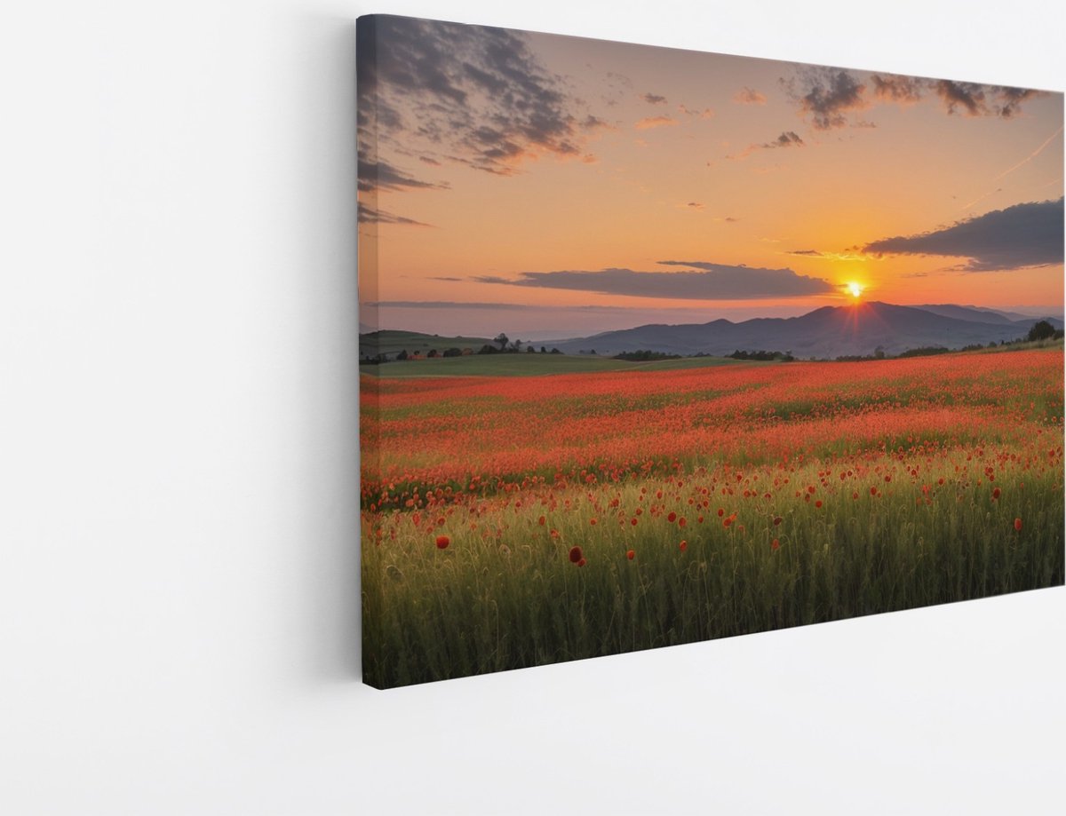 Saammp Canvas Schilderij - Rood bloemenveld met bergachtig landschap - Natuur - 50x40 - Foto op canvas - Wanddecoratie - Muurdecoratie Woonkamer - Slaapkamer decoratie - Canvas Print Multicolor