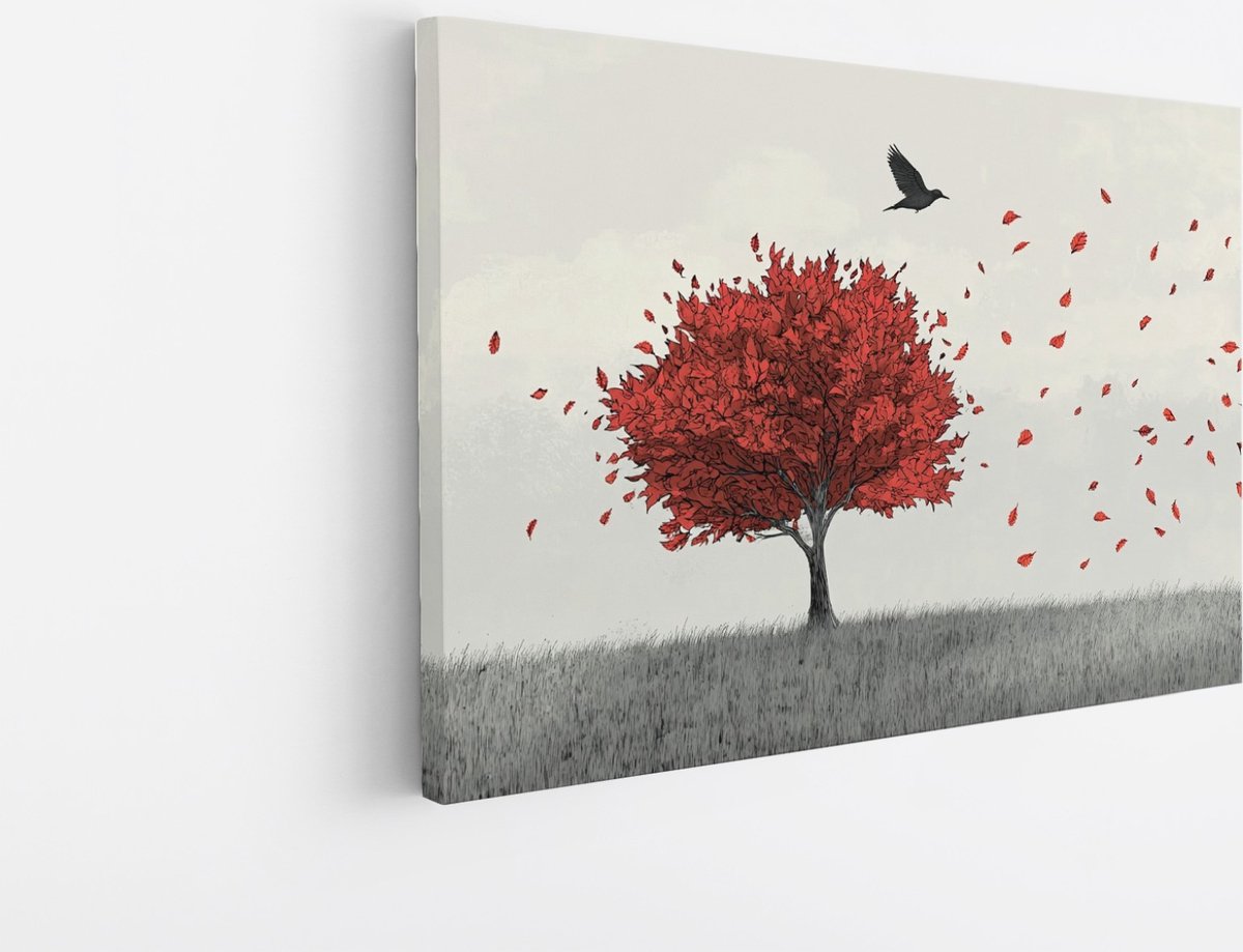 Saammp Canvas Schilderij - Vogel bij rode boom - Dieren - Bloemen - 50x40 - Foto op canvas - Wanddecoratie - muurdecoratie Woonkamer - Slaapkamer decoratie - Canvas Print Multicolor