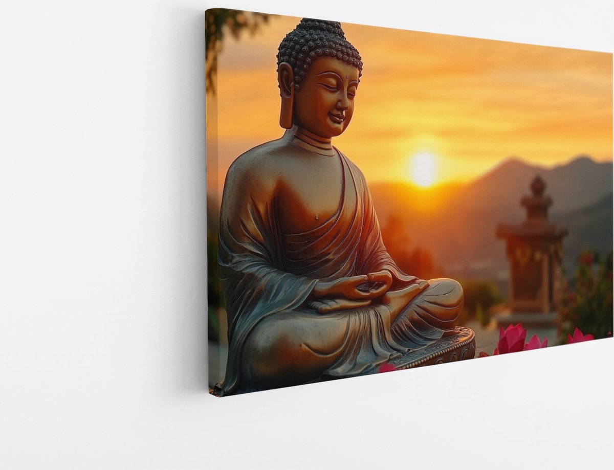Saammp Canvas Schilderij - Boeddha met bloemen en zonsondergang - 150x100 - Foto op canvas - Wanddecoratie - Muurdecoratie Woonkamer - Canvas schilderijen Multicolor