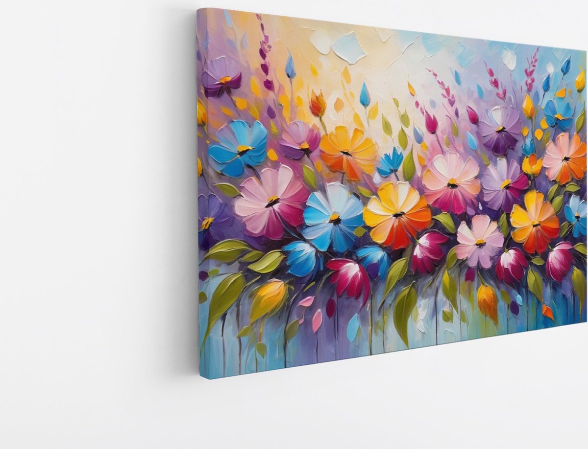 Saammp Canvas Schilderij - Rij van Bloemen - Abstract - 150x100 - Foto op canvas - Wanddecoratie - Muurdecoratie Woonkamer - Kantoor Decoratie Multicolor