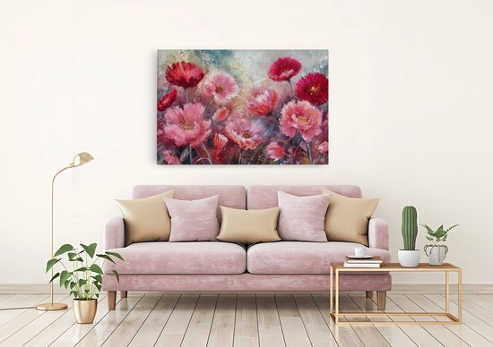 Saammp Canvas Schilderij - Roze met rode bloemen - Abstract - 30x20 - Foto op canvas - Wanddecoratie - Muurdecoratie Woonkamer - Kantoor Decoratie