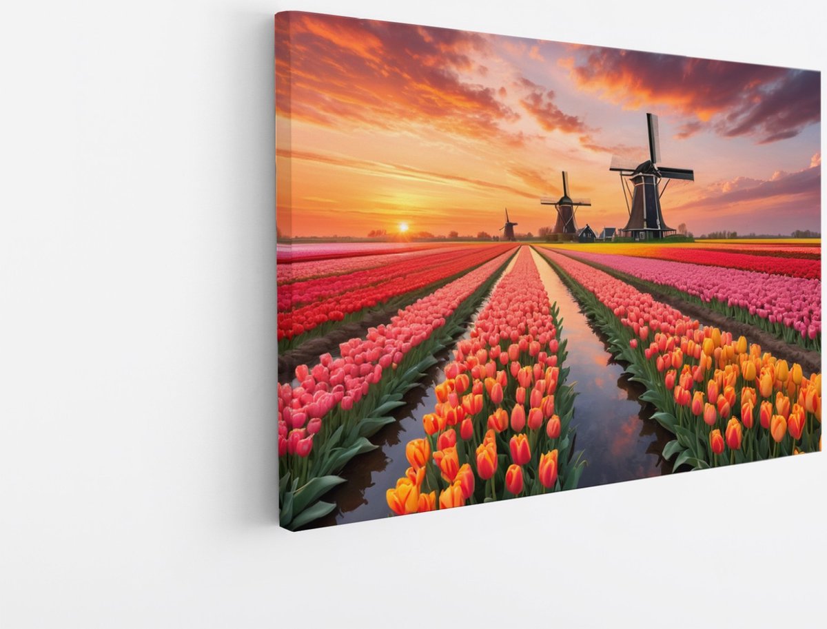 Saammp Canvas Schilderij - Landschap - bloemenveld met molens en een zonsondergang - Natuur - 90x60 - Foto op canvas - Wanddecoratie - Muurdecoratie Woonkamer - Slaapkamer decoratie - Canvas Print Multicolor