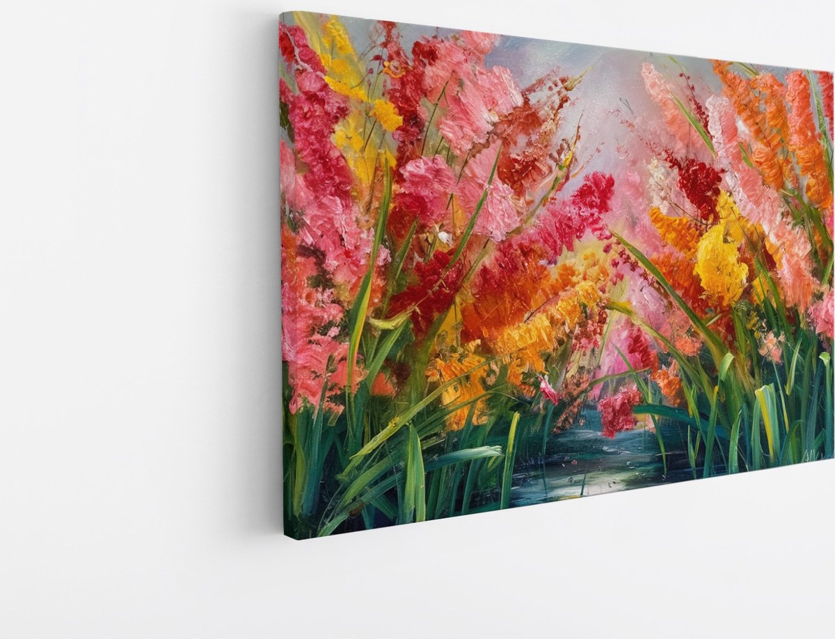 Saammp Canvas Schilderij - Bloementuin in Levendige Kleuren - Abstract - 60x40 - Foto op canvas - Wanddecoratie - Muurdecoratie Woonkamer - Kantoor Decoratie Multicolor