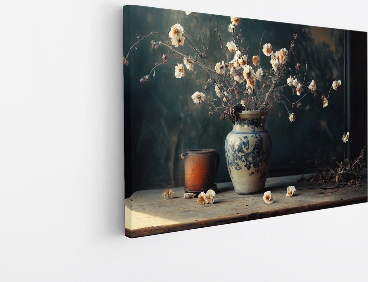 Saammp Canvas Schilderij - Stilleven - Witte Bloemen - Natuur - Abstract - 90x60 - Foto op canvas - Wanddecoratie - Muurdecoratie Woonkamer - Kantoor Decoratie Multicolor