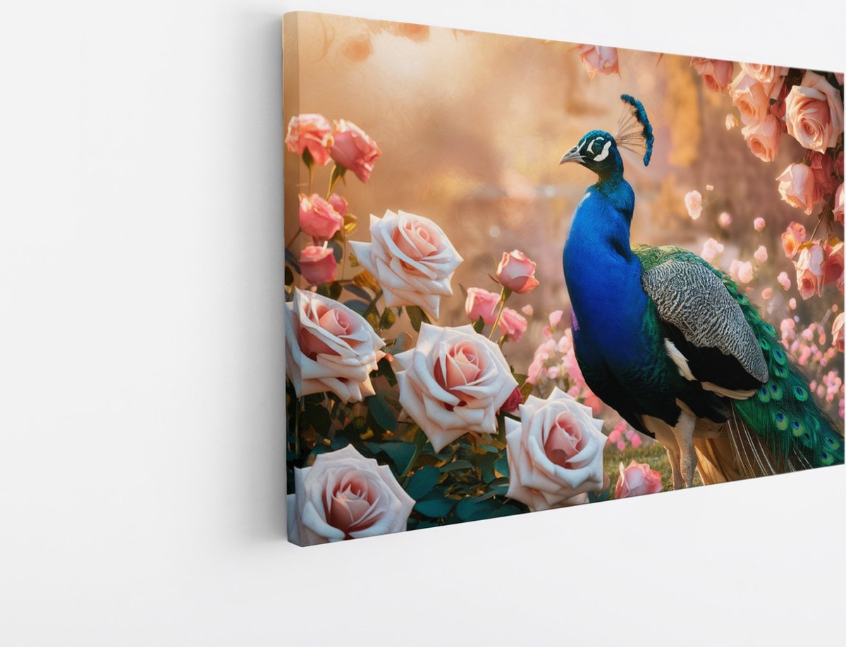 Saammp Canvas Schilderij - Pauw bij roze Rozen - Dieren - Bloemen - 150x100 - Foto op canvas - Wanddecoratie - muurdecoratie Woonkamer - Slaapkamer decoratie - Canvas Print Multicolor