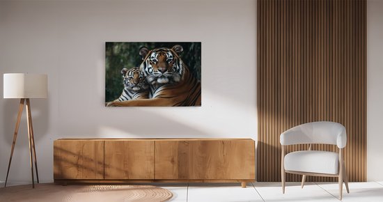 Saammp Canvas Schilderij - Tijger welp met moeder - Natuur - Dieren - 150x100 - Foto op canvas - Wanddecoratie - muurdecoratie Woonkamer - Slaapkamer decoratie - Canvas Print