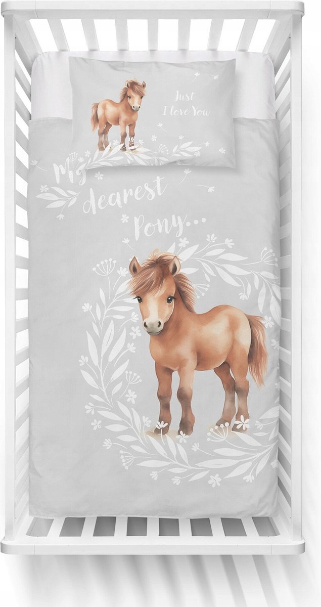 Ledikant dekbedovertrek My dearest pony - grijs - katoen - 100x135 + 40x60 cm
