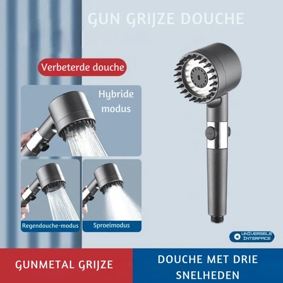 Gunmetal grijze handdouchekop met drie standen: 'Hybride modus', 'Regendouche-modus' en 'Sproeimodus'.