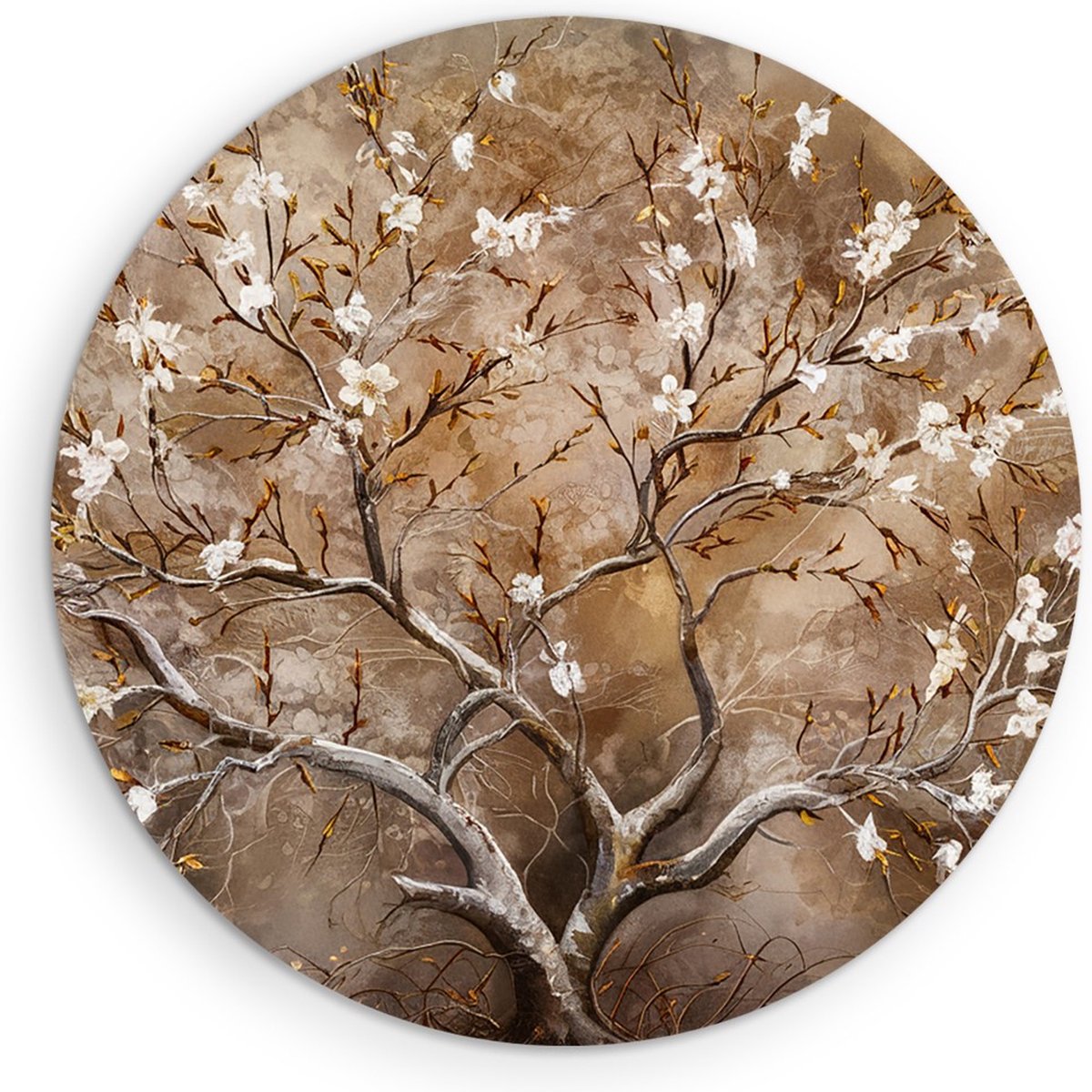 Saammp Forex Muurcirkel - boom met witte bloesem - Abstract - Ø 40 - Wandcirkel - Wanddecoratie Cirkel - Muurdecoratie Woonkamer - Slaapkamer decoratie - Rond Schilderij
