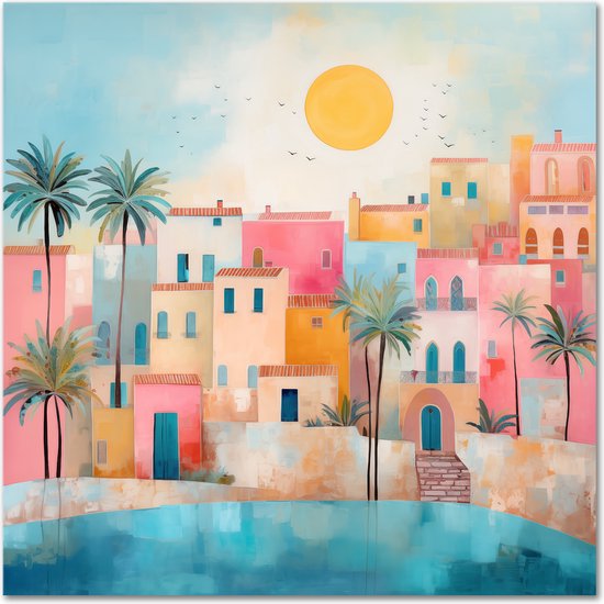 Graphic Message - Peinture sur toile - Village tropical coloré - Paysage méditerranéen - Décoration murale de salon - Art moderne - Palmiers - Ensoleillé - Turquoise - Blauw - Maisons colorées - Espagne - Portugal - Égypte - Résistant aux rayures