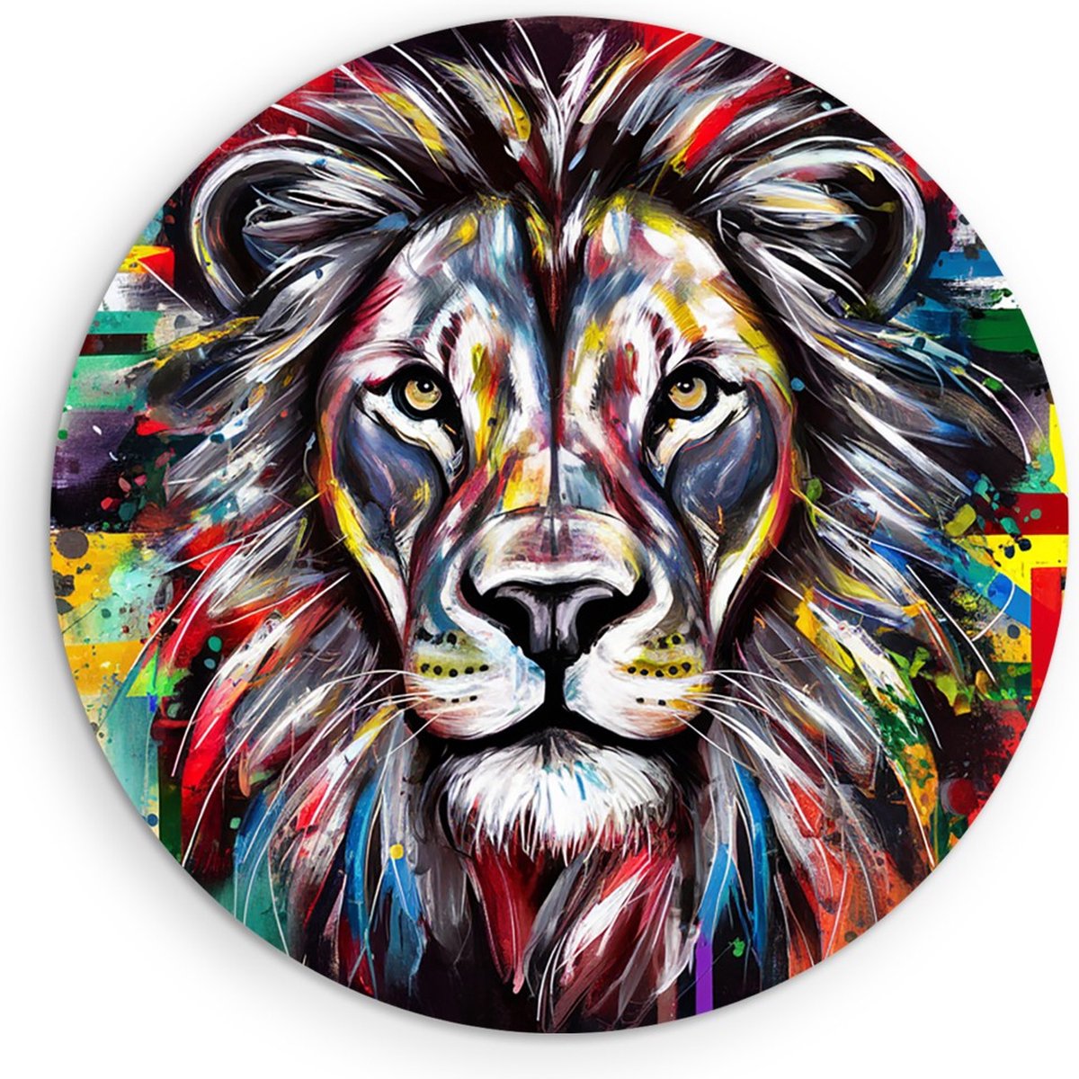 Saammp Forex Muurcirkel - Abstracte Leeuw - Kunst - Dieren - Natuur - Ø 60 - Wandcirkel - Wanddecoratie Cirkel - Muurdecoratie Woonkamer - Slaapkamer decoratie - Rond Schilderij