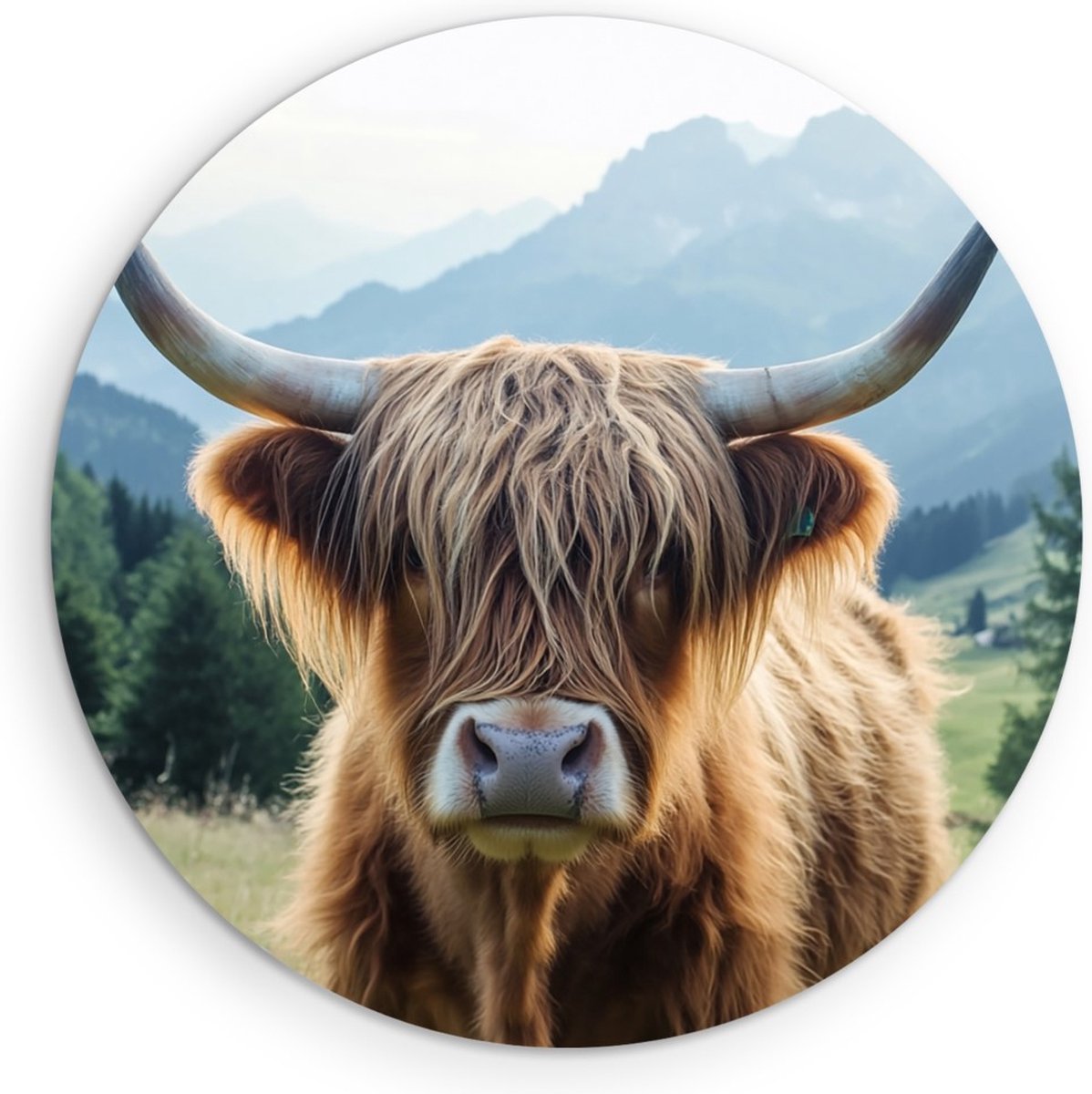 Saammp Muurcirkel Hout Schotse Hooglander Koe jong - Dieren - Natuur - Ø 40 - Wandcirkel - Wanddecoratie Cirkel - muurdecoratie Woonkamer - Slaapkamer decoratie - Rond Schilderij
