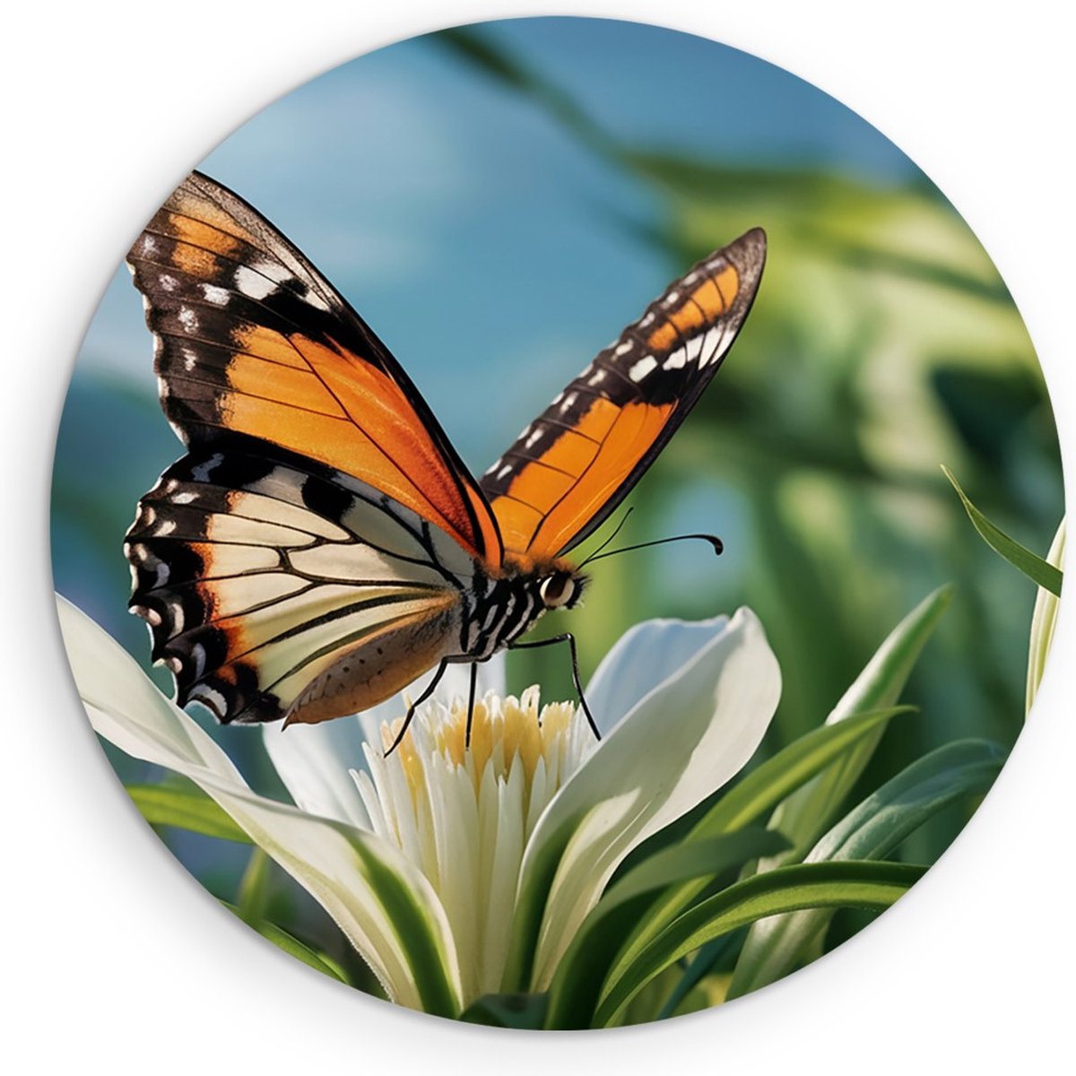Saammp Muurcirkel Hout -Vlinder op witte bloem - Dieren - Ø 40 - Wandcirkel - Wanddecoratie Cirkel - muurdecoratie Woonkamer - Slaapkamer decoratie - Rond Schilderij