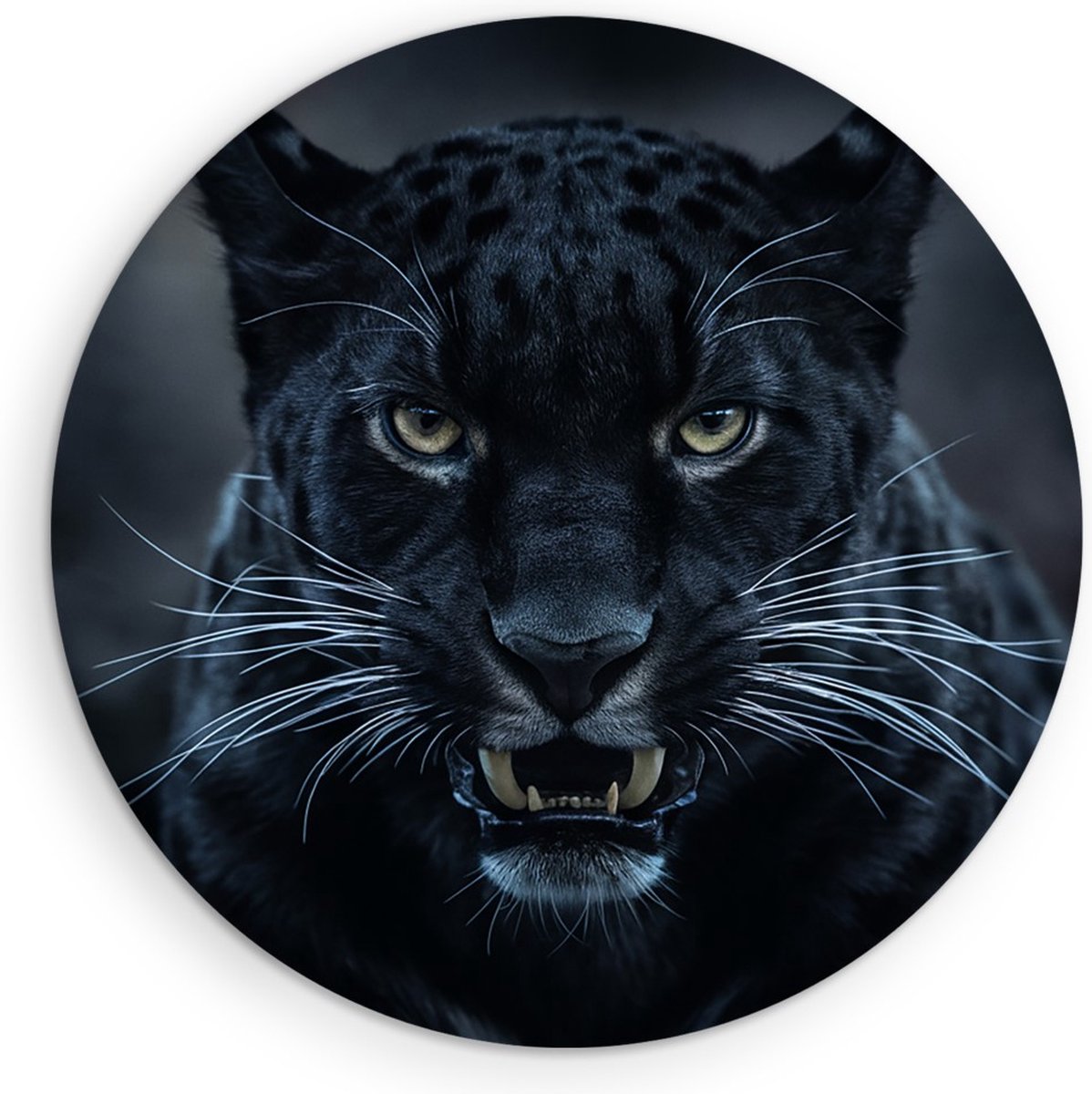 Saammp Forex Muurcirkel - Zwarte Panter met zijn bek open - Natuur - Dieren - Ø 90 - Wandcirkel - Wanddecoratie Cirkel - Muurdecoratie Woonkamer - Slaapkamer decoratie - Rond Schilderij