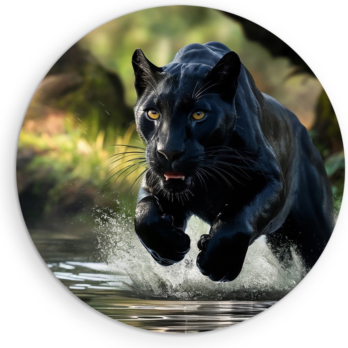 Saammp Forex Muurcirkel - Zwarte Panter in het water - Natuur - Dieren - Ø 60 - Wandcirkel - Wanddecoratie Cirkel - Muurdecoratie Woonkamer - Slaapkamer decoratie - Rond Schilderij