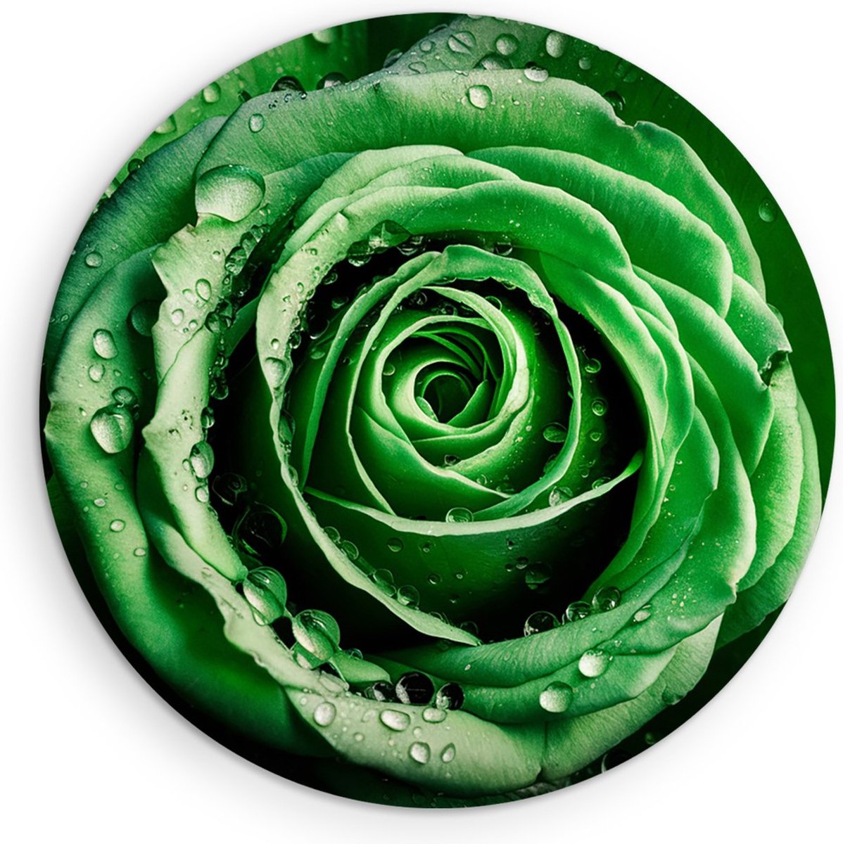 Saammp Forex Muurcirkel - Groene Roos - Waterdruppels - Natuur - Abstract - Ø 40 - Wandcirkel - Wanddecoratie Cirkel - Muurdecoratie Woonkamer - Kantoor Decoratie