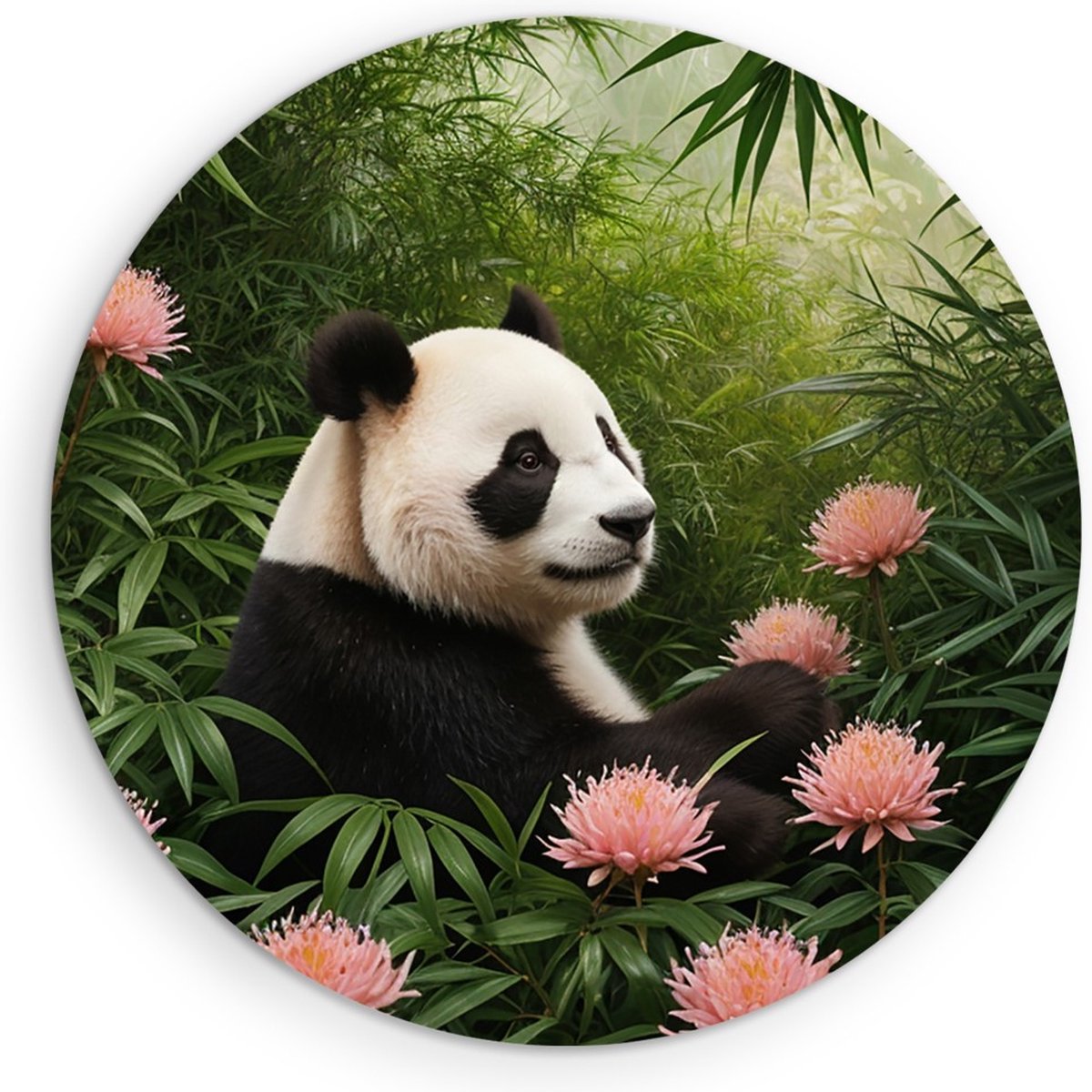 Saammp Muurcirkel Hout - Panda tussen de roze bloemen - Natuur - Dieren - Ø 30 - Wandcirkel - Wanddecoratie Cirkel - Muurdecoratie Woonkamer - Slaapkamer decoratie - Rond Schilderij