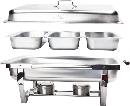 Foto: Alora chafing dish chrome 3 bakken voedsel verwamer voedsel warmhouden met deksel buffetwarmer roestvrij staal chrome earmhoudplaat bain marie warmhoudbakken warmhoudschalen