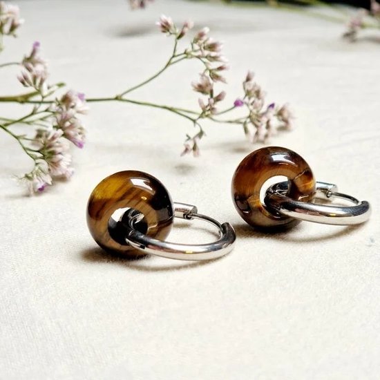 Boucles d'oreilles avec pendentif Donut - Oeil de tigre - Pierre (semi) précieuse brune - Acier inoxydable - Boucles d'oreilles argentées avec pendentif