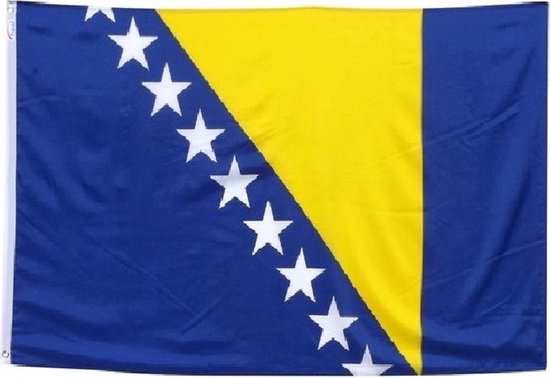 Vlag van Bosnië en Herzegovina met een blauw gedeelte met witte sterren, een gele diagonale band en een blauwe verticale baan.