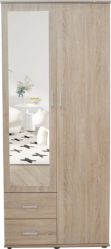 Interiax Kledingkast 'Lena' – 2 Deuren, 2 Lades, 1 Hanger, Spiegel & 1 Legplank | Sonoma Eik | 185x80x52cm