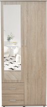 Interiax Kledingkast 'Lena' – 2 Deuren, 2 Lades, 1 Hanger, Spiegel & 1 Legplank | Sonoma Eik | 185x80x52cm