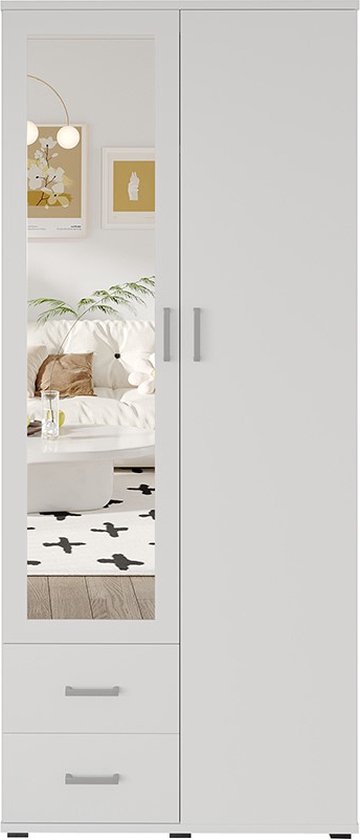 Armoire Interiax «Lena» – 2 Portes, 2 tiroirs, 1 cintre, miroir et 1 étagère | Blanc | 185x80x52cm