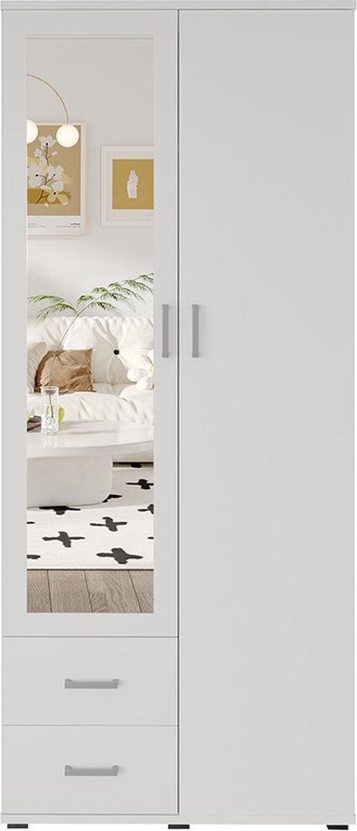 Interiax Kledingkast 'Lena' – 2 Deuren, 2 Lades, 1 Hanger, Spiegel & 1 Legplank | Wit | 185x80x52cm
