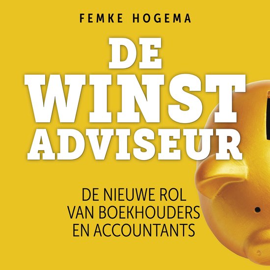 Couverture de livre sur fond jaune avec le titre 'DE WINSTADVISEUR' en grandes lettres blanches. À droite, une tirelire dorée.