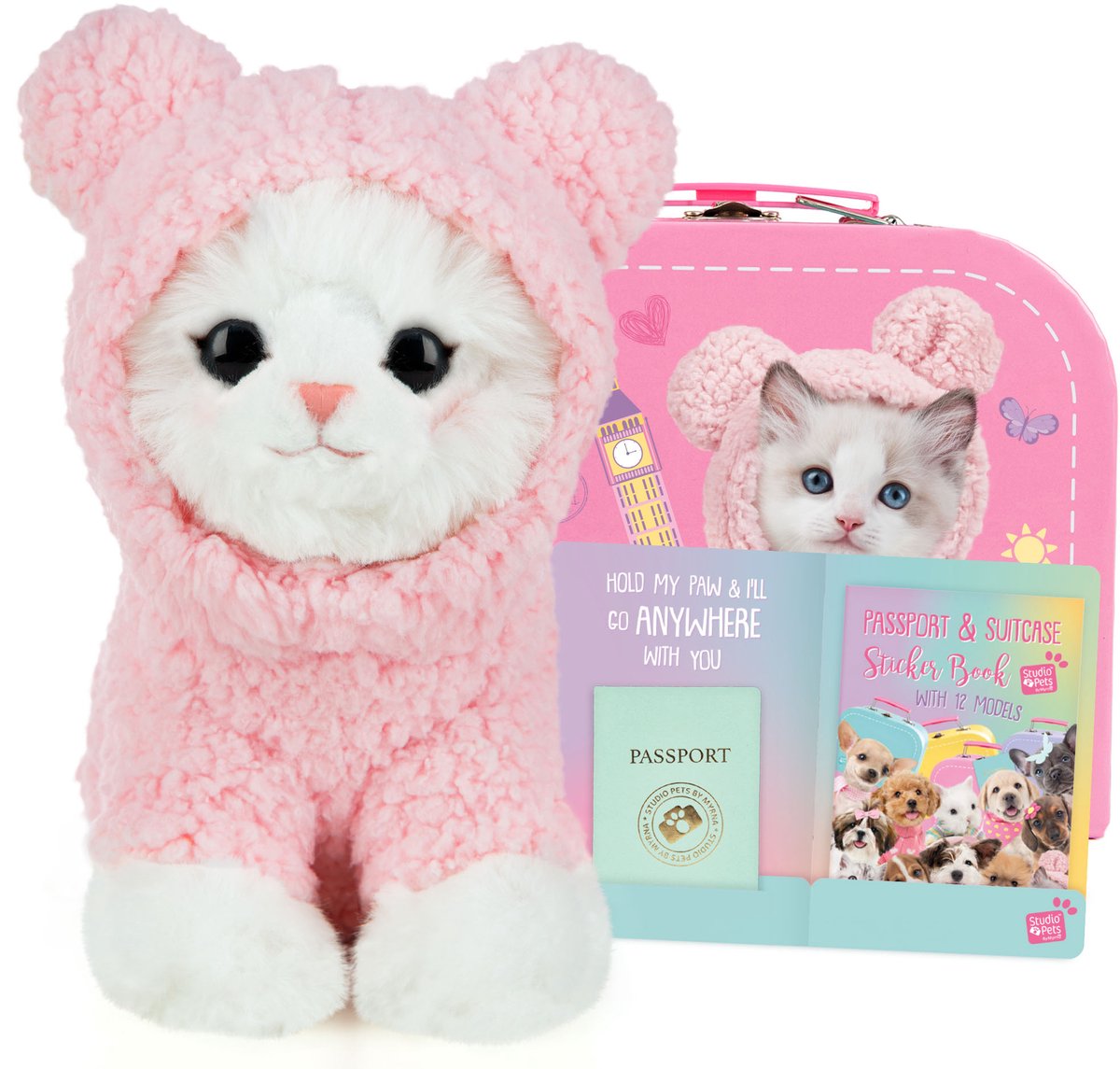 Studio Pets® Studio Pets Mousie Ragdoll kat knuffel 16 cm set met koffertje – kat knuffel met roze hoodie, paspoort, stickerboek en kartonnen koffertje