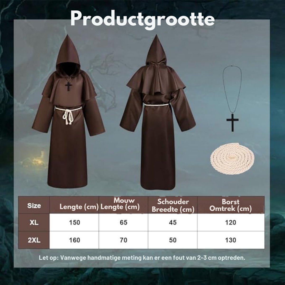 Monnik Kostuum - Bruin - Middeleeuwse Cape - Kap en Staf - Halloween - Carnaval