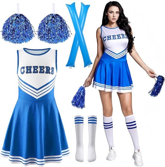 Cheerleader Kostuum - Blauw - Jurk met Pompons - Sokken en Accessoires - Feest - Carnaval