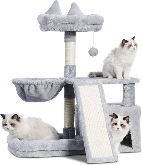 Grijze kattenkrabpaal met meerdere verdiepingen, mandje, loungebed en huisje. Drie katten te zien.