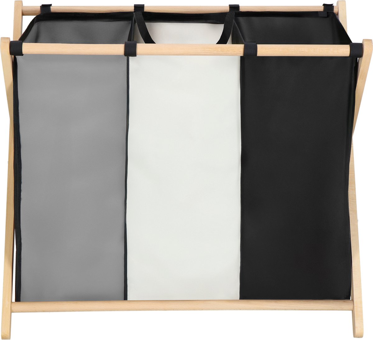 Muntel® Wasmand - Opvouwbaar - Beukenhout - Polyester - 3 Vakken - 105 L - Zwart - Grijs - Ecru