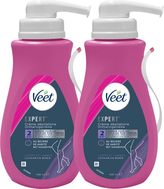 Twee flacons Veet Expert ontharingscrème, 400 ml elk. Roze flacons met witte pompjes en donkerblauw label met merknaam en productinformatie.
