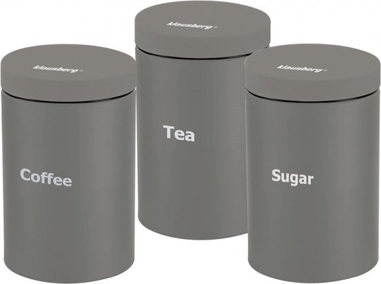 Ensemble de trois pots de conservation gris Klausberg avec couvercles, marqués 'Coffee', 'Tea' et 'Sugar'.