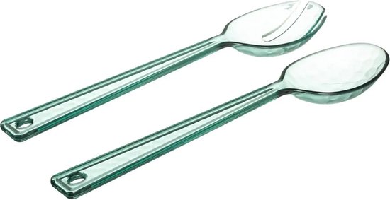 Groen saladebestek met een gespleten lepel en een gewone lepel.