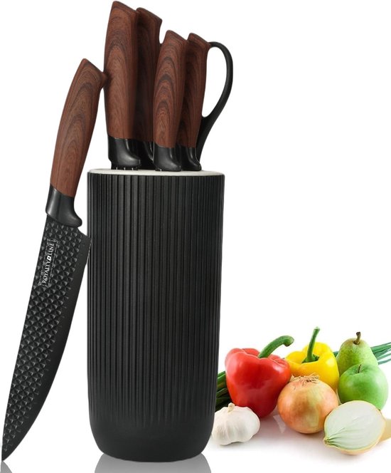 Royalty Line® DC07B Messenset Met Blok - Luxe 7 Delig Messenset - Broodmes - Koksmes - Vleesmessen en Schaar met Bieropener - Messenblok - Antiaanbaklaag - Zwart / Houtlook