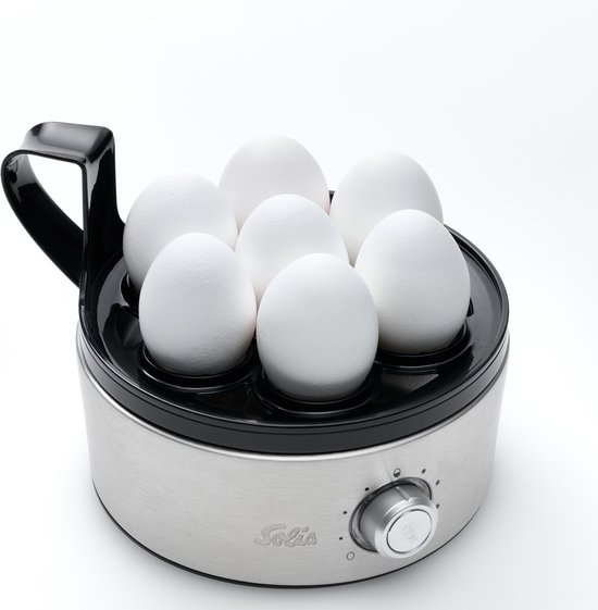 Zilverkleurige Solis eierkoker met 7 witte eieren, met draaiknop aan de voorkant.