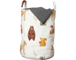 New Bed, Wasmand met Bosdieren Aquarel Stijl, Opbergmand Kinderkamer Dierenmotief met Handvatten en Koordsluiting, Speelgoedmand kinderen - Speelgoedkist - Wasbox - 33 x 48 cm