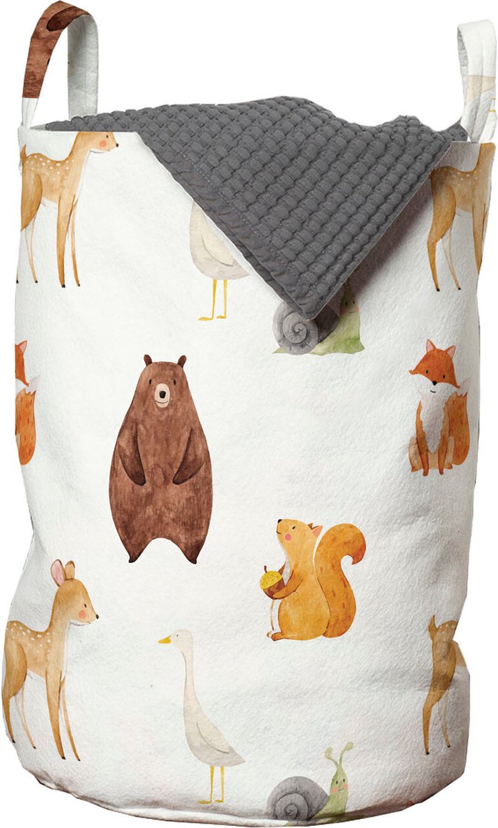 New Bed, Wasmand met Bosdieren Aquarel Stijl, Opbergmand Kinderkamer Dierenmotief met Handvatten en Koordsluiting, Speelgoedmand kinderen - Speelgoedkist - Wasbox - 33 x 48 cm