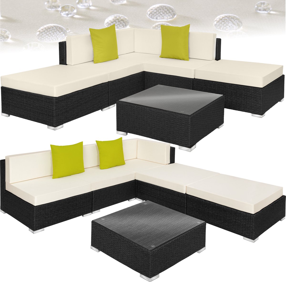 Wicker loungeset inclusief tafel met glazen plaat - Zwart - Tuinmeubelen