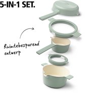 Brabantia Compact All-in-one-set – Stapelbare (3)5 delige Pannenset- 22cm Kookpan – 22cm Koekenpan- 16cm Steelpan- Trendy Design-Stapelbaar - 100% PFAS-vrij – 100% gerecycleerd - Anti-aanbaklaag- Aluminium- - Incl. onderzetters - Jade Green
