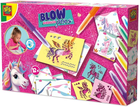 SES Creative - Unicorn - Blow Airbrush Pens - Knutselen Meisjes - 12 Kleurkaarten - Wasbaar uit Kleding - Vanaf 5 jaar