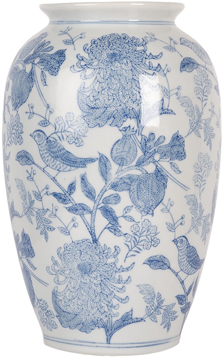 Clayre & Eef Vaas Ø 17x27 cm Wit Blauw Keramiek Vogels op Takken