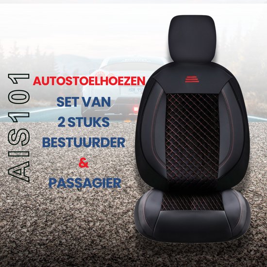 Housses de siège de voiture pour Volkswagen T-Roc 2017 sur mesure| Ensemble de 2 pièces | Siège conducteur + passager série AIS | AIS101 | Zwart avec coutures rouges