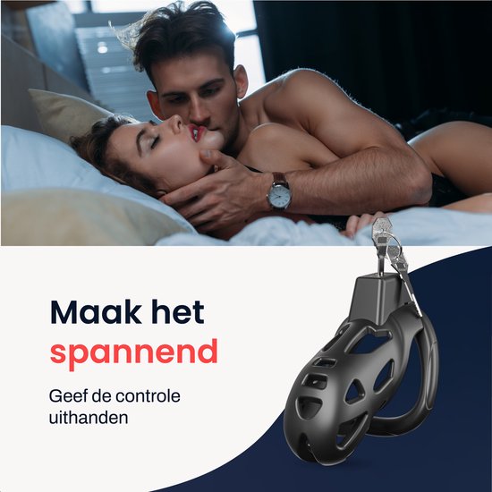 Zwarte kuisheidskooi op een mannelijk geslachtsdeel, naast een koppel dat elkaar kust in bed. Tekst: 'Maak het spannend'.