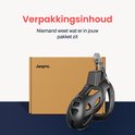 Zwarte kuisheidskooi naast een bruine kartonnen doos van 'Jespro'. Tekst: 'Verpakkingsinhoud'.